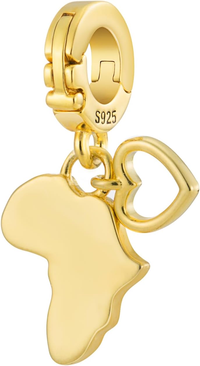 Africa African Continent Open Clasp Clip On Pendant 14K Gold Plated & 925 Sterling Silver Charm For Pandora & Other Charm Bracelets/Necklaces