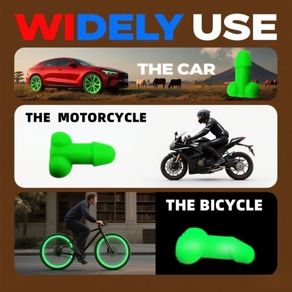 Glow-in-The-Dark Valve Stem Caps – 4-Pack Funny Wheel Accessories, Airtight, Rustproof, Dustproof & Waterproof Caps for Cars, Bikes, Trucks, Motorcycles – Universal Fit(Green)
