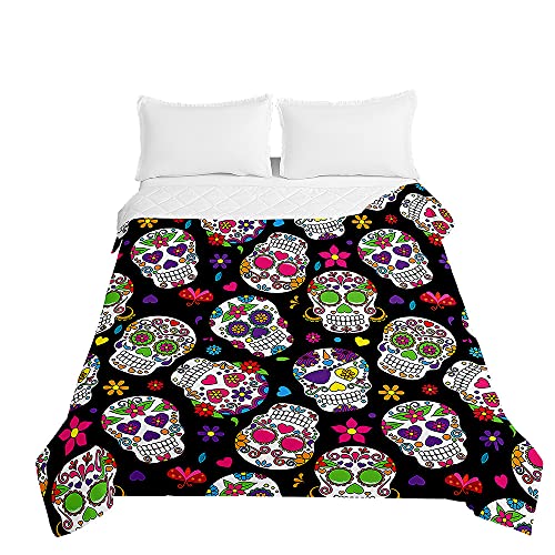 Highdi Colcha de Verano Estampado de Calaveras de Moda, Colcha para Verano Reversible Ligera y Suave Microfibra Cubre Cama Fina, Colchas Cama Individuales Dobles Modernas (Colorido,230x280cm)