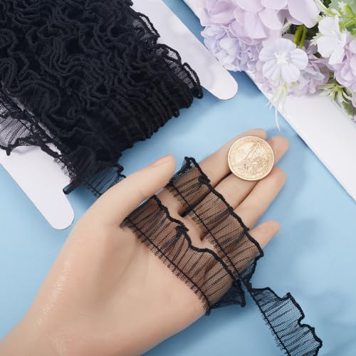 GORGECRAFT 10 Yards Pleated Lace Ribbon Fabric 2cm Wide Ruffled Mesh Edge Trim Embroidery Tulle Edging Trimmings DIY Crafts for Sewing Cuff Embellishments Home Curtain Decoration Black - Image 3