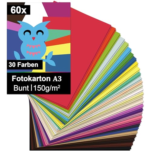 Taiyeestar 60 Blatt Tonpapier A3 Bunt in 30 Farben, 150 g/m² Tonzeichenpapier A3, Buntes Papier, Bastelpapier Bunt, Tonkarton, Farbiges Papier für Origami und Bastelprojekte