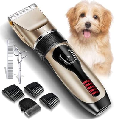 Dog Clipper, Professional Cordless Pet Clippers Rechargeable Low Noise Cat and Dog Clippers Dog Trimmer, Dog Shaver Set with 6 Comb Guides Scissors for Cat Dog and Other Animals