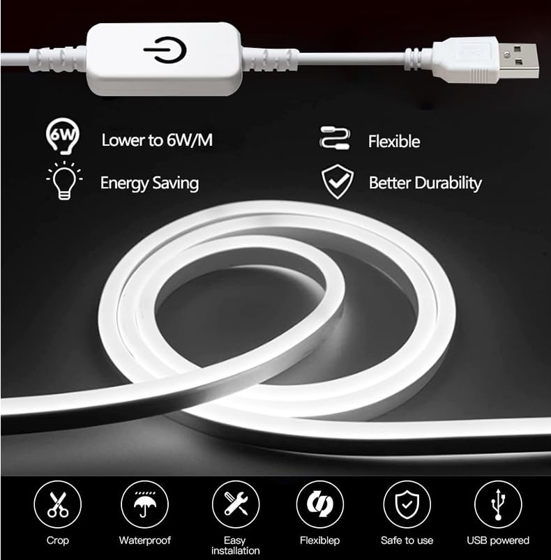 Tira de luces LED neón blanco cálido 2 m impermeable miniatura 3