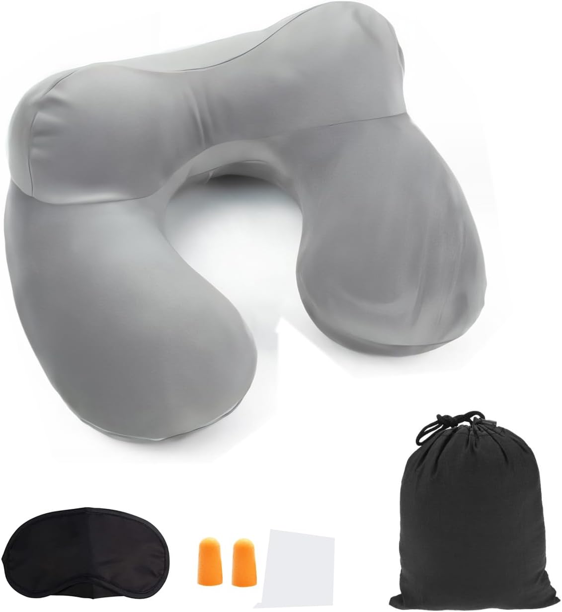 Inflatable Travel Pillow for Airplane Inflatable Neck Pillow for Traveling, Compact Ergonomic Neck Pillow Kits with Ear Plug and Eye Mask, Sleeping Rest Cushion for Airplane, Car, and Train (Gray)