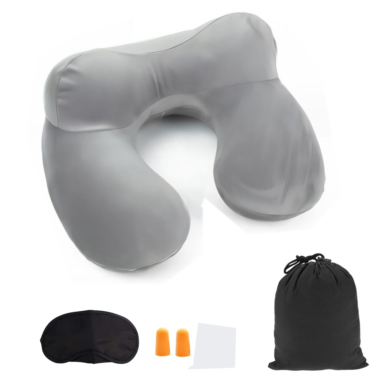 Inflatable Travel Pillow for Airplane Inflatable Neck Pillow for Traveling, Compact Ergonomic Neck Pillow Kits with Ear Plug and Eye Mask, Sleeping Rest Cushion for Airplane, Car, and Train (Gray)