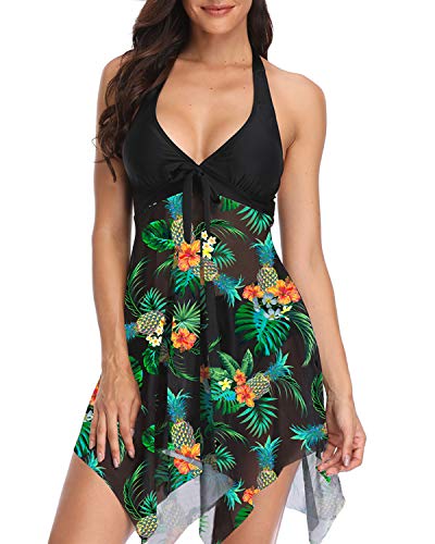 Temptme Women Swimsuit Two Piece Tankini Swimdress Halter Tank Top with Boyshort (Green Floral, Large(US 12-14))
