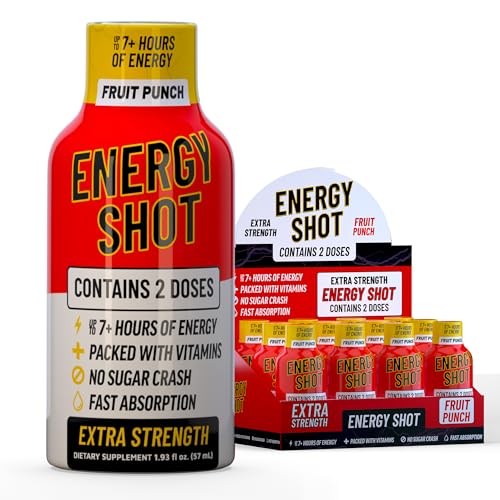 Fruit Punch Extra Strength Energy Shot 8 pk – 260mg Natural Caffeine B12 B6 – Energy & Focus Support – 2 Servings Sugar Free Zero Calorie Green Tea B-Vitamins Electrolytes Vegan – 1.93 fl oz