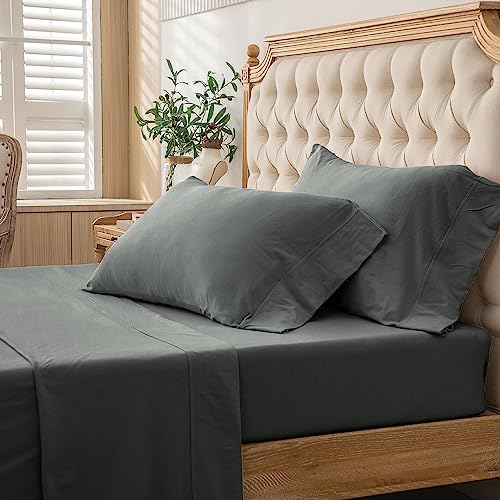 PURE ERA Jersey Knit 4pc Bed Sheet Set 100% T-Shirt Cotton Super Soft Comfy Breathable Fits Mattress Up to 20" Extra Deep Pocket (Solid Dark Greenish Gray, Queen)