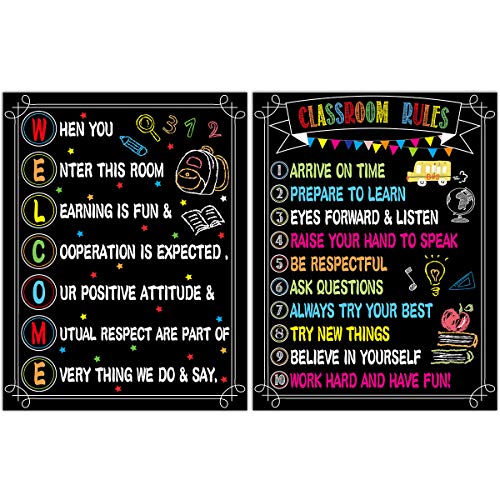 2 PCS Welcome Poster Classroom Rules Poster for Kindergarten Elementary Middle School High School Classroom Decorations Laminated Design 17 x 22 inches