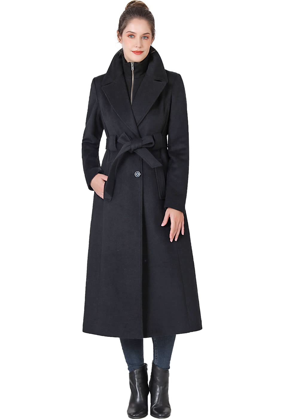 BGSD Women May Wool Blend Belted Long Walking Trench Coat with Removable Bib Also available in Plus Size
