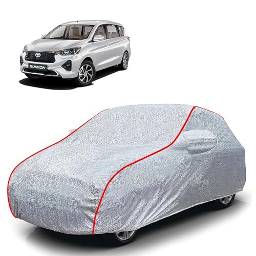 Image of Sulfar 100% Waterproof Car Body Cover Compatible with Mirror for Toyota Rumion(Ertiga) (Triple Stitched, Full Bottom Elastic, Magic Silver with Red Piping)