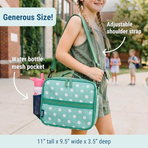 Image of Wildkin ECO rPET Insulated Lunch Box for Kids, Daisy | 11 x 9.5 x 3.5 in insulated rPET lunch box with bottle pocket, interior mesh pocket and removable shoulder strap.