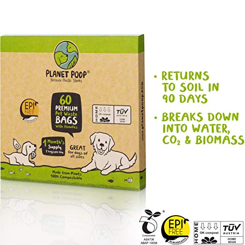 Image of PLANET POOP Home Compostable Dog Bags with Handles, Standard Size 60 Count, Un-Scented Dog Waste Bag, Thick Leakproof Doggy or Cat Bag, Plant-Based Pet Supplies