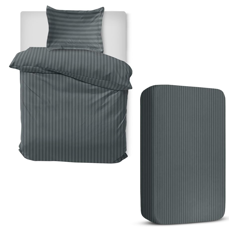 MOONLIGHT20015 3 Piece Single Bedding Set Satin Stripes Duvet Cover Fitted Sheet with Pillow case Hotel Quality Soft Brushed Microfiber Charcoal โ image 1