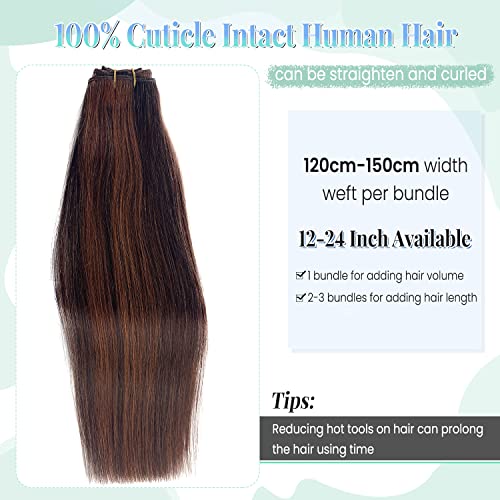 Image of Sew in Hair Extensions Real Human Hair,Weft Hair Extensions Human Hair 14 Inch 80G Dark Brown Balayage Auburn Brown Highlights Hand Tied Weft Hair Extensions Human Hair Bundles Sew in Weft Extensions
