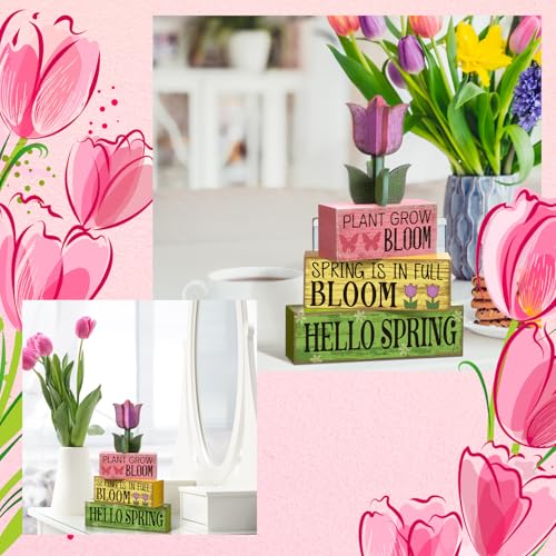 Image of Moucuny 4 Pcs Spring Table Decoration Wooden Stacked Block Decor with Tulip Topper Spring Easter Tiered Tray Decor Platel Flower Table Centerpieces for Easter Party, Living Room, Kitchen