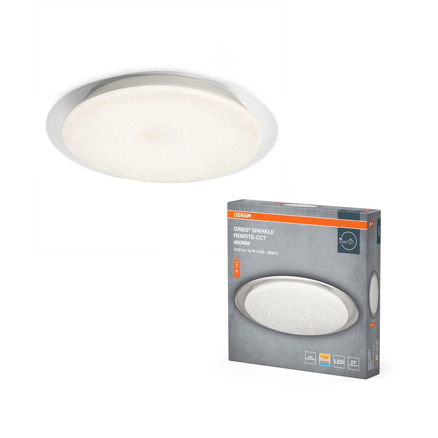 Osram Orbis Sparkle błyszcząca lampa sufitowa LED z efektem połysku, lampa ścienna 460 mm, lampa do zabudowy w kolorze białym z aluminium, ochrona IP20, do dekoracyjnego oświetlenia mieszkania