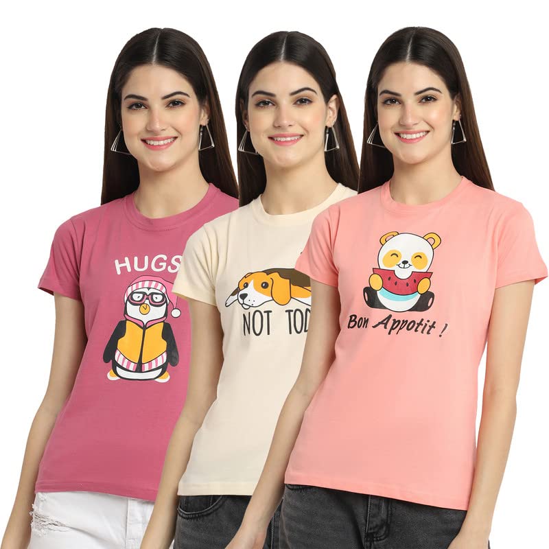 Image of Preneum Women's Cotton Regular Fit Graphic Stylish Printed Short Sleeves Casual T-Shirt || Trend Styles & Style (Pack 3)