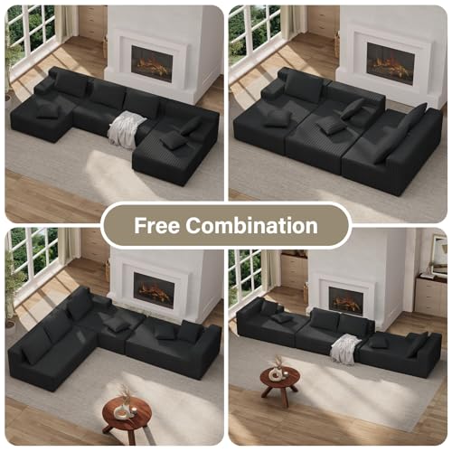Image of LAUSAINT HOME 132 inch Modular Sectional Sofa Couches, U-Shaped Boneless Cloud Sofa with 4 Deep Seat, 6 Cushiones Oversized Chaise for Living Room, Bedroom, Plush Corduroy Fabric (U Shaped Sofa, Black)