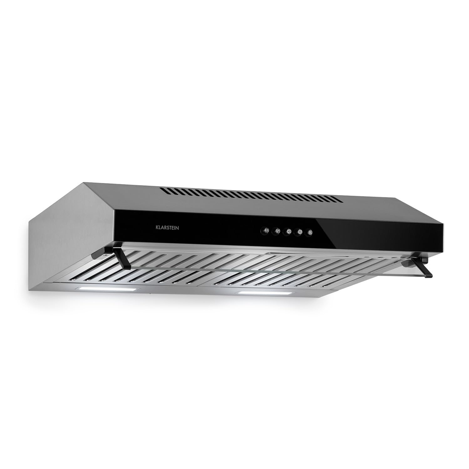 Klarstein Purista - Okap kuchenny, Okap podszafkowy, Szerokość 60 cm, Stal nierdzewna, Montaż ścienny, Oświetlenie halogenowe, Wydajność 306 m³/h, uchylny panel ze szkła, czarny