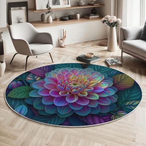Tapis doux à pile courte rond avec dos anti slip et motif dahlia imprimé - 4