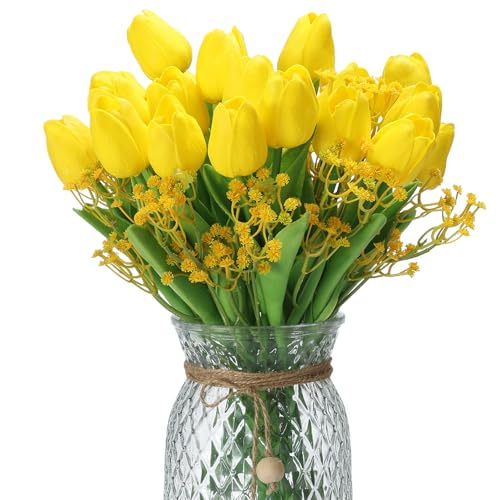 Qunwreath 40PCS Tulip Artificial Flowers Babysbreath 13 PU Tulip Fake Flowers for Vase Home Bedroom Dining Room Living Room Table Decor DIY Floral Decoration