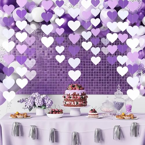 Image of Purple Party Decorations Heart Garland, 39Ft Purple Lavender White Streamers Birthday Banner Anniversary Engagement Wedding Baby Bridal Shower Bachelorette Lilac Theme Party Decor Supplies
