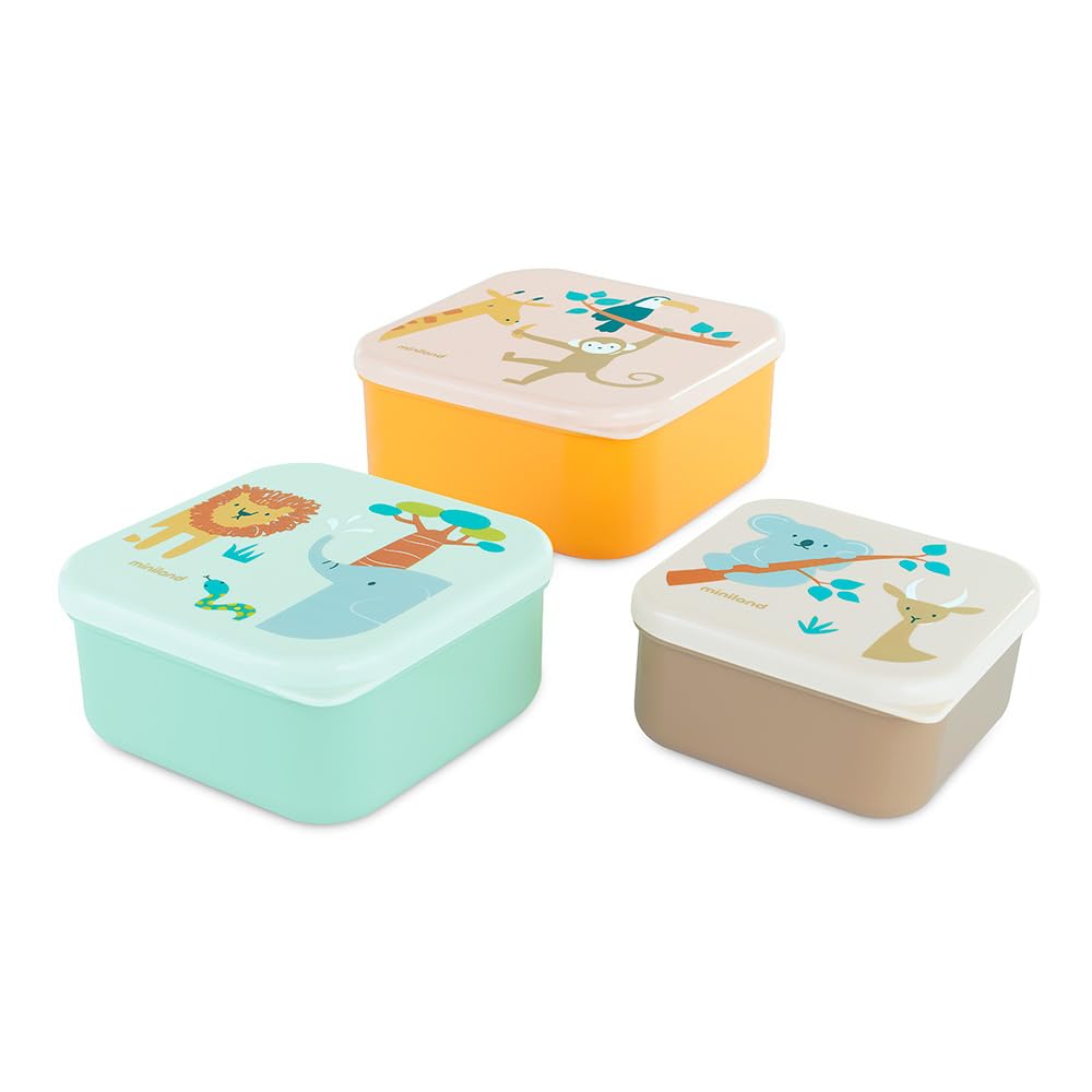 Miniland – Set mit 3 Kinder-Brotdosen, Stapelbare Lunchboxen, Spülmaschinenfest und BPA-frei (Jungle)