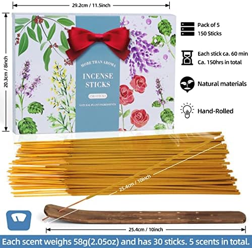 Incense Sticks Variety Pack - Sandalwood, Lavender, Rose, Patchouli, Vanilla Coconut, Gift Set for Mother's Day, Christmas, Birthday, Perfect for Yoga, Aromatherapy, Meditation, 150 Sticks with Holder