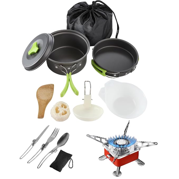DPCR 14-Piece Camping Cookware Mess Kit with Portable Gas Stove, Lightweight Nonstick Pot & Pan Set...