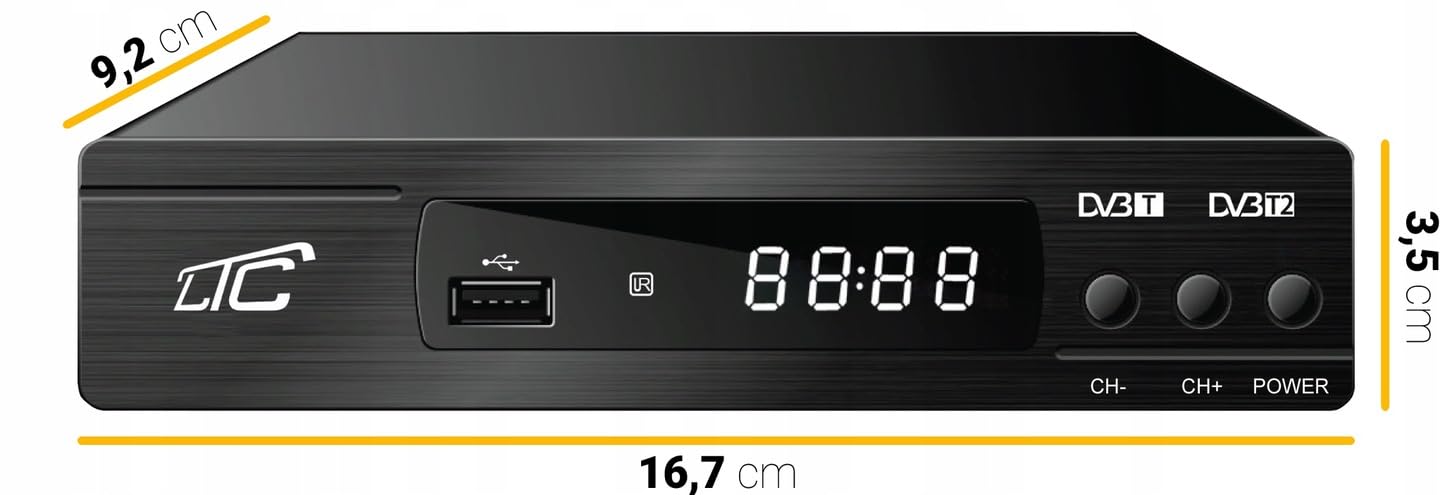 LTC DVB-T2 HD Receiver für terrestrisches Fernsehen, H.265 HEVC Decoder, Full HD 1080p, inkl. 2-in-1 lernfähiger Fernbedienung für TV-Steuerung, PVR Aufnahme, Timeshift, USB, HDMI, Scart, Schwarz
