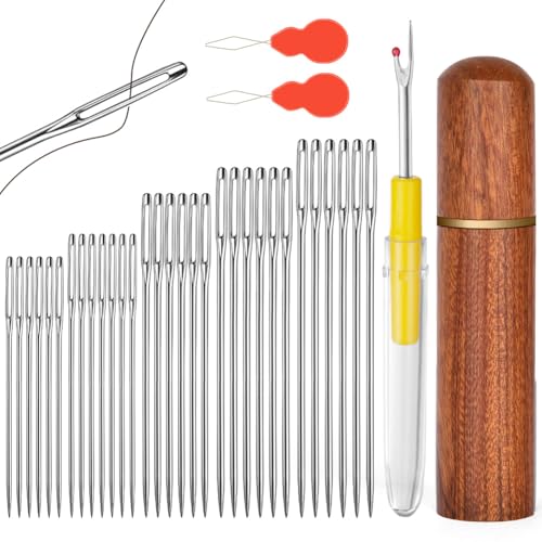 HOTUT 33 Piezas Agujas de Coser a Mano,5 Tamaños Agujas de Ojo Grande con Enhebrador,Abridor de Costuras,Surtido de Agujas para Bbordar,para Proyectos de Tejido a Mano,con Caja de Almacenaje