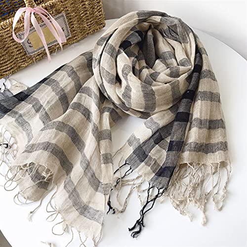 Unisex Japanese Retro Plaid Pure Linen Infinity Scarf Long Fringed Four Seasons Silk Scarf Shawl for Women & Men (Color : Style 1, Size : 75x210cm)