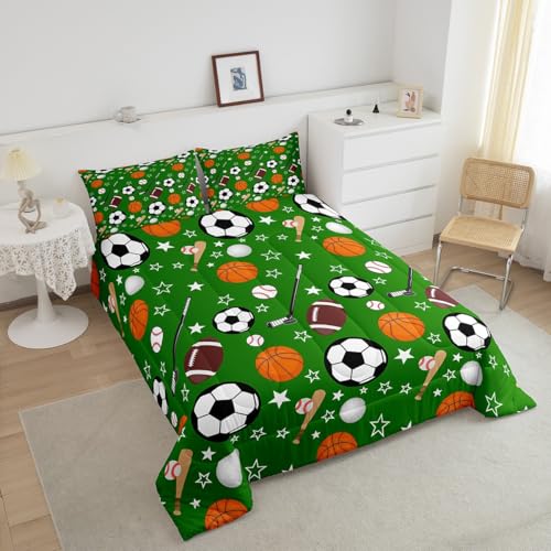 Image of Feelyou Sports Theme Bedding Set Queen Size Basketball Football Baseball Hockey Comforter Set for Kids Boys Girls Teens Toddler Ball Games Duvet Set Green Quilt Set 2Pcs