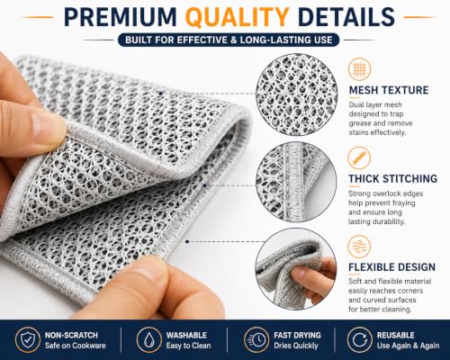 Image of SwiftWell Multipurpose Dish Wire Cleaning Cloths - Pack of 10, Dual-Layer Non-Scratch Mesh Scrubber for Kitchen Utensils, Cookware, and Heavy-Duty Cleaning