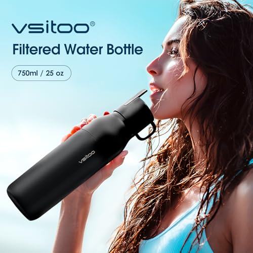 VSITOO 25oz Insulated Stainless Steel Filtered Water Bottle for Travel and Everyday Use，5-Stage 0.01&mu;m Ultra-strong Filtration，Reusable，Improves Taste，for Hiking, Cycling, Gym & Outdoor Use，Black