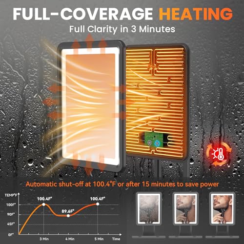Image of Heated Shower Mirror Fogless for Shaving with 3-Color Dimmable LED Lights, Rechargeable, 360 Degree Adjustable, Drill-Free, All-in-One Storage Tray Holds Shaving Foam, Brush and 2 Razors, Black