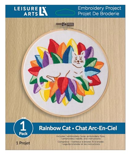 Image of Leisure Arts Embroidery Kit 6 inch Rainbow Cat - cross stitch kits for beginners - embroidery kit for beginners - embroidery kits for adults - embroidery kits for adults