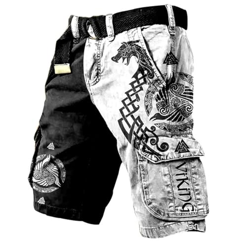 Brand-xrbanime Herren Viking Bedruckte Outdoor-Taktik-Cargo-Shorts Trendige Retro Kurze Hosen mit Mehreren Taschen für den Freizeitbereich