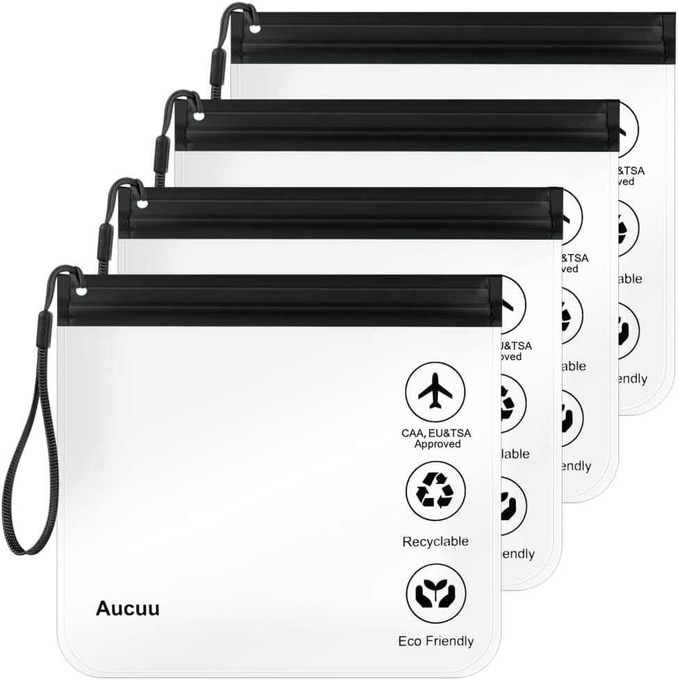 Aucuu 4Pcs Clear Travel Toiletry Bag, Airport Liquid Bag Travel Accessories, 20 x 20cm TSA Approved Makeup Bags, Portable Waterproof Cosmetic Makeup Bags for Holiday (Black with Rope)