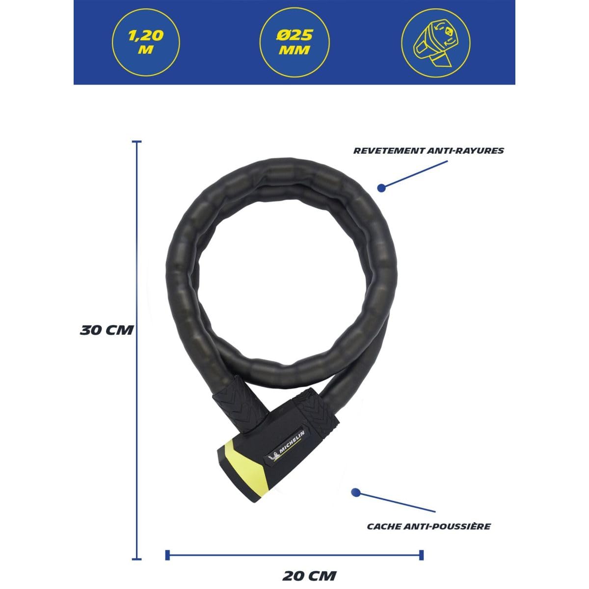 MICHELIN 801111 câble antivol à clé Ø25mm 1,2m articulé
