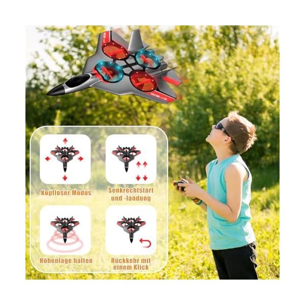 JONRRYIN RC Flugzeug fÃ¼r Kinder, 2,4 GHz Ferngesteuertes Flugzeugmodell mit LED, RC Flugzeug mit 4 Achsen Gyro Stabilisator fÃ¼r Kinder und AnfÃ¤nger (Grau) – Bild 4