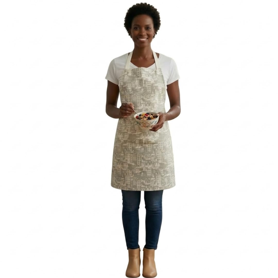 Jolee Taupe Nautical Seaside Scene Oilcloth Wipe Clean Apron for Adult - 74cm
