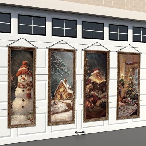 Image of Panelee 4 Pcs Vintage Christmas Porch Banners Retro Snowman Santa Winter Rustic Xmas Tree Stretching Portraits Wall Decorations Christmas Porch Sign Backdrop for Xmas Indoor Outdoor Wall Hanging Decor