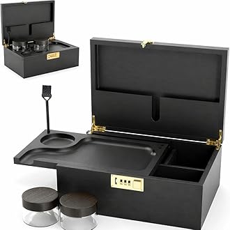 Large Bamboo Wooden Stash Box with combination Lock, Rolling Tray and Glass Storage Jars - Wood Storage Rolling Set with Lock and Smoking Accessories Kit (Black Wooden Stash Box)
