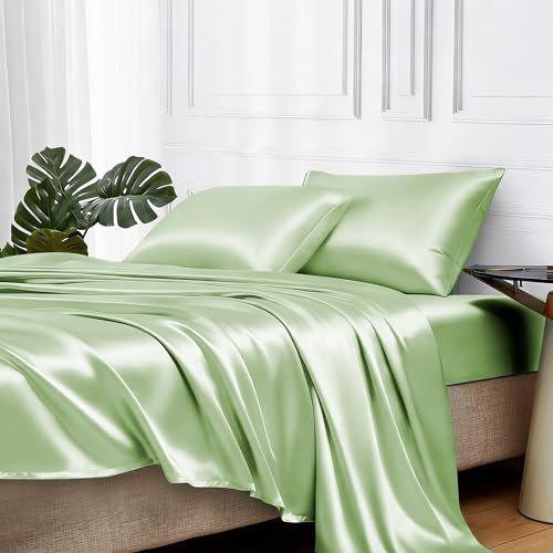 Image of MR&HM Satin Bed Sheets with Elastic Corner Straps, Full Size Sheets Set, 4 Pcs Silky Bedding Set with 15 Inches Deep Pocket for Mattress (Full, Light Sage)