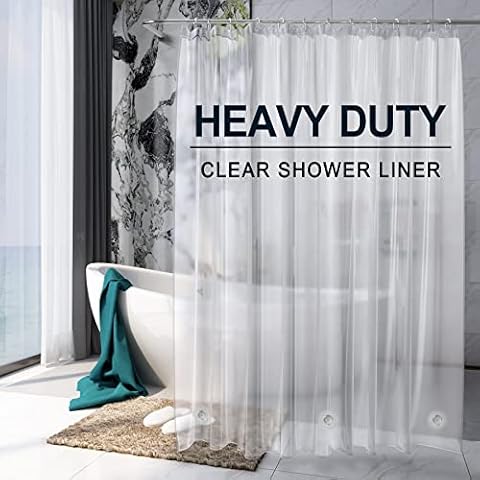 AmazerBath Heavy Duty Shower Curtain Liner 12 Gauge, 72 x 65 Inches Clear Shower Curtain Liner with 3 Clear Stones and 12 Grommet Holes, Weighted Plastic Shower Curtain Liner Cover