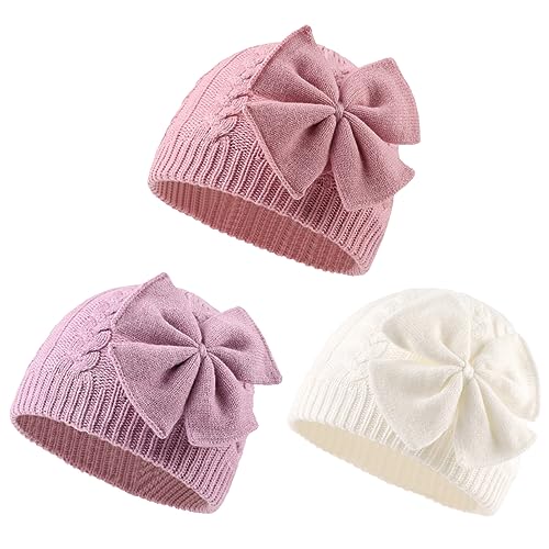 Image of Winter Warm Knitted Baby Hat for Girls Cotton Lined Infant Toddler Girls Hat Autumn Cute Bow Classic Girls Beanie 0-6Y