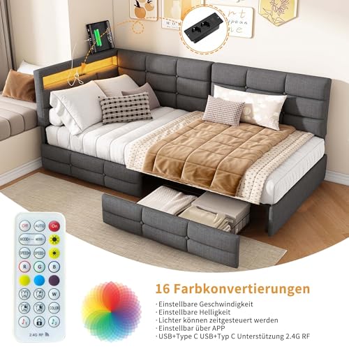 Polsterbett Schlafsofa 90x200 mit 2 Schubladen, Tagesbett Einzelbett mit LED-Licht und USB-Ladeanschluss, Multifunktional Daybett mit Lattenrost und Kopfteile, Leinen (Grau, 90x200cm)