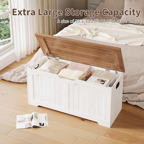 IDEALHOUSE Farmhouse Storage Bench, Storage Chest with 2 Safety Soft-Close Hinges, 15.7 x 39.4 x 18.9 Inch Entryway Bench, Multipurpose Ottoman Storage Cabinet for Entryway Bedroom Living Room - Image 5
